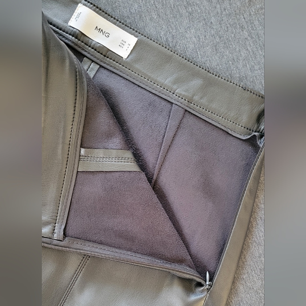 Mango Faux Leather Black High-Waisted Pencil Skirt Front Slit, Chic Sexy, Size 6 - Picture 9 of 11